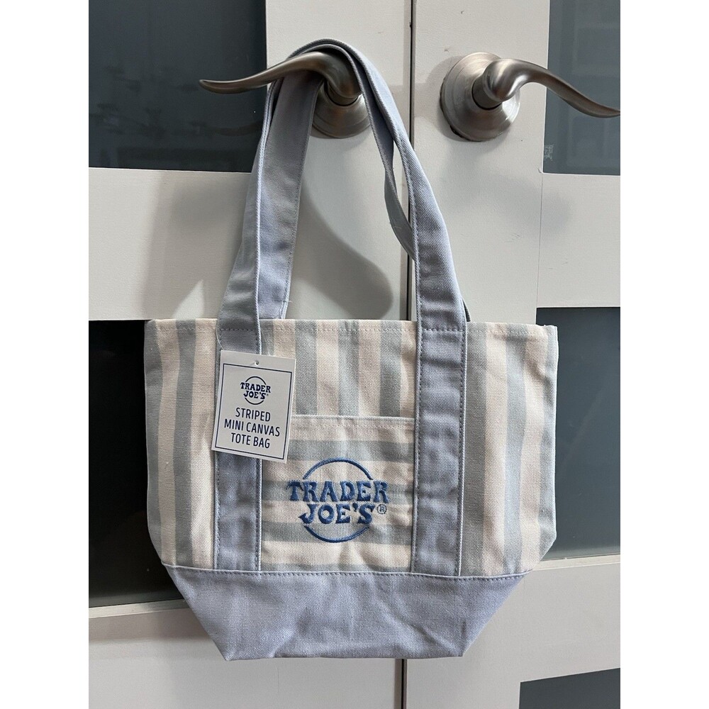 Trader Joe’s MINI Canvas Reusable Bag, with Off White or Tan, LIGHT BLUE STRIPES